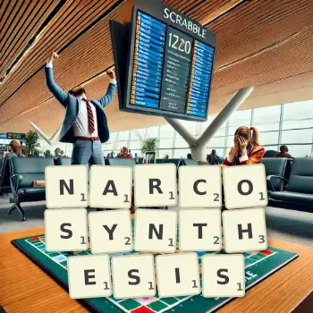 Creative illustration for a Scrabble game with the word NARCOSYNTHESIS spelled out in tiles on the board.