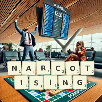 Creative illustration for a Scrabble game with the word NARCOTISING spelled out in tiles on the board.