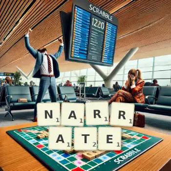 Creative illustration for a Scrabble game with the word NARRATE spelled out in tiles on the board.
