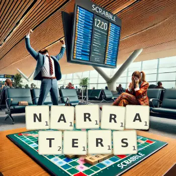 Creative illustration for a Scrabble game with the word NARRATERS spelled out in tiles on the board.