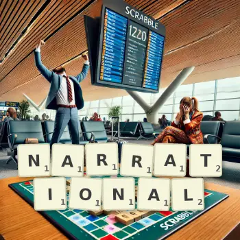 Creative illustration for a Scrabble game with the word NARRATIONAL spelled out in tiles on the board.