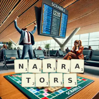 Creative illustration for a Scrabble game with the word NARRATORS spelled out in tiles on the board.