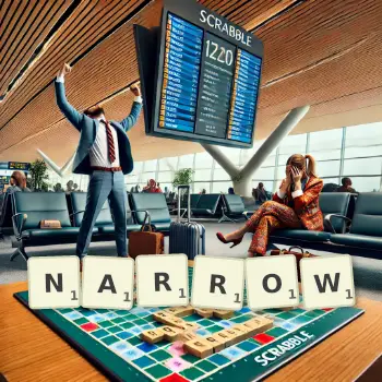 Creative illustration for a Scrabble game with the word NARROW spelled out in tiles on the board.