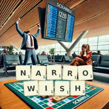 Creative illustration for a Scrabble game with the word NARROWISH spelled out in tiles on the board.
