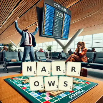 Creative illustration for a Scrabble game with the word NARROWS spelled out in tiles on the board.