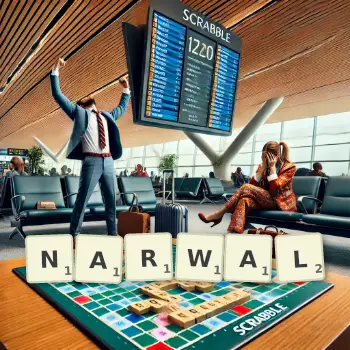 Creative illustration for a Scrabble game with the word NARWAL spelled out in tiles on the board.