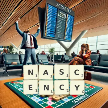 Creative illustration for a Scrabble game with the word NASCENCY spelled out in tiles on the board.