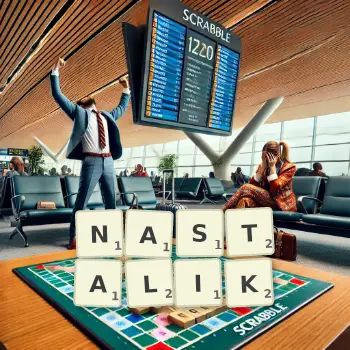 Creative illustration for a Scrabble game with the word NASTALIK spelled out in tiles on the board.