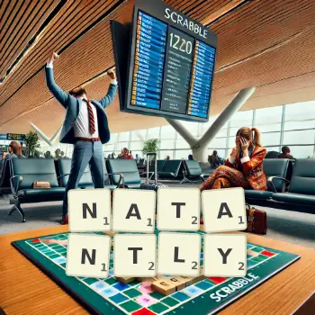 Creative illustration for a Scrabble game with the word NATANTLY spelled out in tiles on the board.