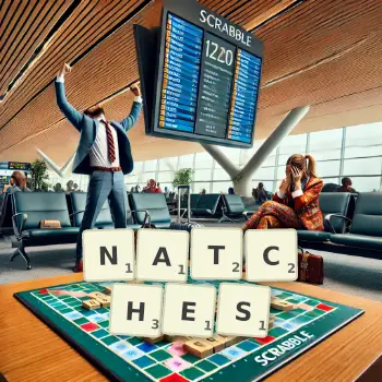 Creative illustration for a Scrabble game with the word NATCHES spelled out in tiles on the board.