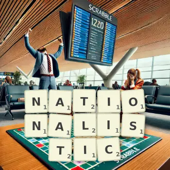 Creative illustration for a Scrabble game with the word NATIONALISTIC spelled out in tiles on the board.