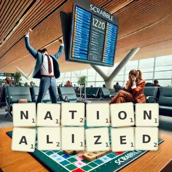 Creative illustration for a Scrabble game with the word NATIONALIZED spelled out in tiles on the board.