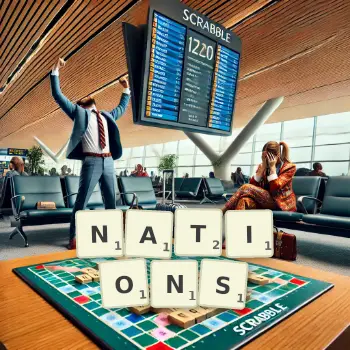 Creative illustration for a Scrabble game with the word NATIONS spelled out in tiles on the board.