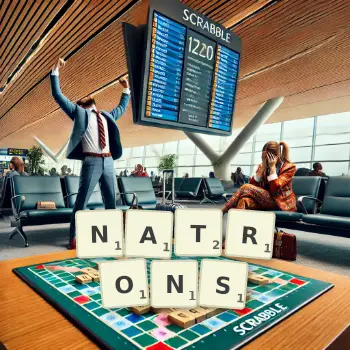 Creative illustration for a Scrabble game with the word NATRONS spelled out in tiles on the board.