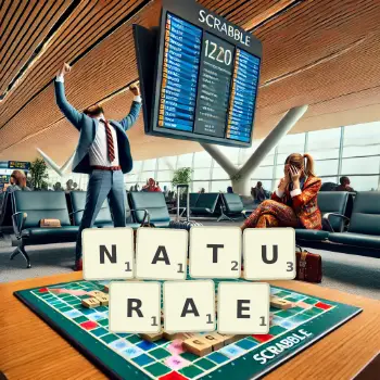 Creative illustration for a Scrabble game with the word NATURAE spelled out in tiles on the board.
