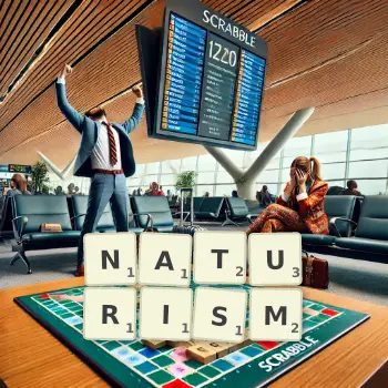 Creative illustration for a Scrabble game with the word NATURISM spelled out in tiles on the board.