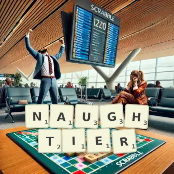 Creative illustration for a Scrabble game with the word NAUGHTIER spelled out in tiles on the board.