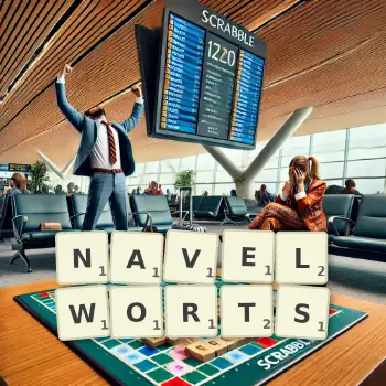 Creative illustration for a Scrabble game with the word NAVELWORTS spelled out in tiles on the board.