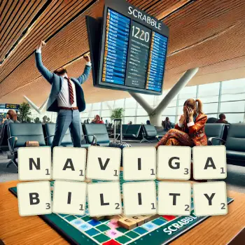 Creative illustration for a Scrabble game with the word NAVIGABILITY spelled out in tiles on the board.