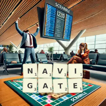 Creative illustration for a Scrabble game with the word NAVIGATE spelled out in tiles on the board.