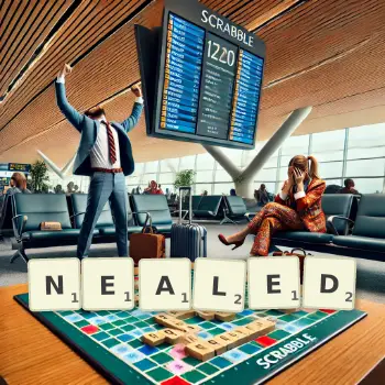 Creative illustration for a Scrabble game with the word NEALED spelled out in tiles on the board.