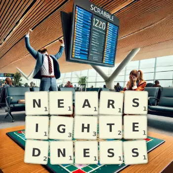 Creative illustration for a Scrabble game with the word NEARSIGHTEDNESS spelled out in tiles on the board.