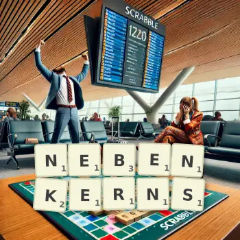 Creative illustration for a Scrabble game with the word NEBENKERNS spelled out in tiles on the board.