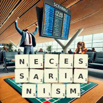 Creative illustration for a Scrabble game with the word NECESSARIANISM spelled out in tiles on the board.