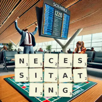 Creative illustration for a Scrabble game with the word NECESSITATING spelled out in tiles on the board.