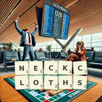 Creative illustration for a Scrabble game with the word NECKCLOTHS spelled out in tiles on the board.