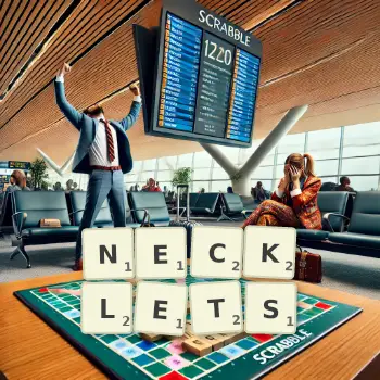 Creative illustration for a Scrabble game with the word NECKLETS spelled out in tiles on the board.