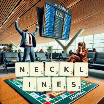 Creative illustration for a Scrabble game with the word NECKLINES spelled out in tiles on the board.