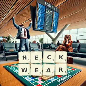Creative illustration for a Scrabble game with the word NECKWEAR spelled out in tiles on the board.