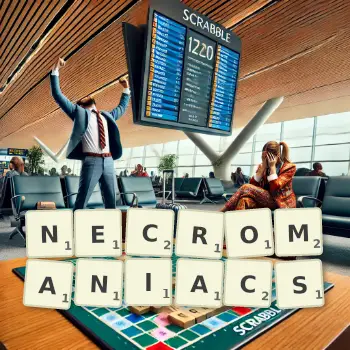 Creative illustration for a Scrabble game with the word NECROMANIACS spelled out in tiles on the board.