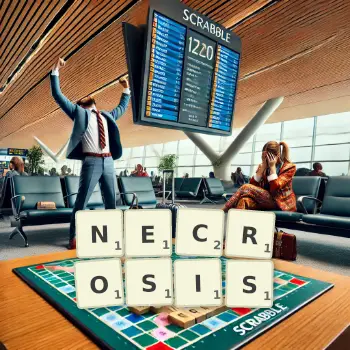 Creative illustration for a Scrabble game with the word NECROSIS spelled out in tiles on the board.