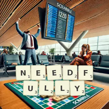 Creative illustration for a Scrabble game with the word NEEDFULLY spelled out in tiles on the board.