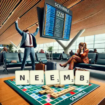 Creative illustration for a Scrabble game with the word NEEMB spelled out in tiles on the board.