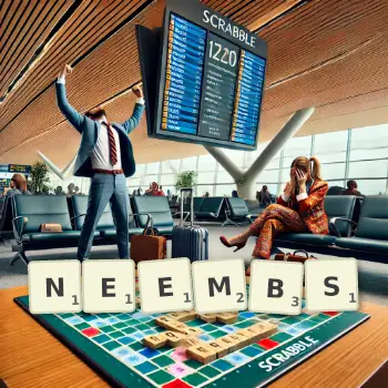 Creative illustration for a Scrabble game with the word NEEMBS spelled out in tiles on the board.