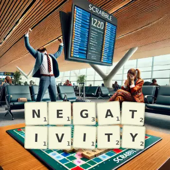 Creative illustration for a Scrabble game with the word NEGATIVITY spelled out in tiles on the board.