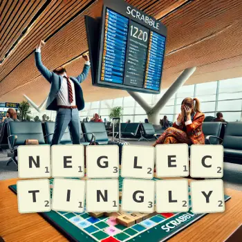 Creative illustration for a Scrabble game with the word NEGLECTINGLY spelled out in tiles on the board.