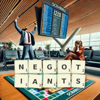 Creative illustration for a Scrabble game with the word NEGOTIANTS spelled out in tiles on the board.