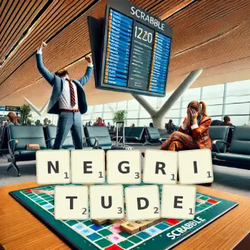Creative illustration for a Scrabble game with the word NEGRITUDE spelled out in tiles on the board.