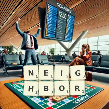 Creative illustration for a Scrabble game with the word NEIGHBOR spelled out in tiles on the board.