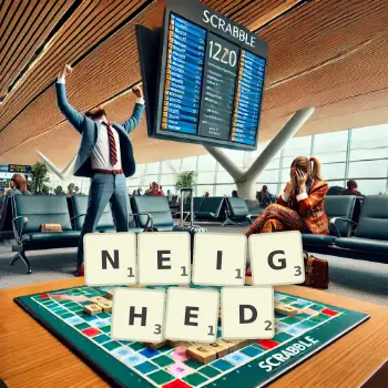 Creative illustration for a Scrabble game with the word NEIGHED spelled out in tiles on the board.