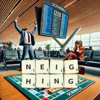 Creative illustration for a Scrabble game with the word NEIGHING spelled out in tiles on the board.