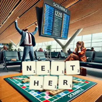 Creative illustration for a Scrabble game with the word NEITHER spelled out in tiles on the board.