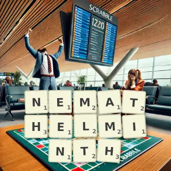 Creative illustration for a Scrabble game with the word NEMATHELMINTH spelled out in tiles on the board.