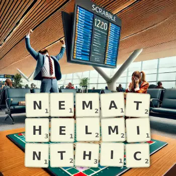 Creative illustration for a Scrabble game with the word NEMATHELMINTHIC spelled out in tiles on the board.