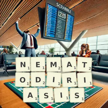 Creative illustration for a Scrabble game with the word NEMATODIRIASIS spelled out in tiles on the board.