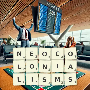 Creative illustration for a Scrabble game with the word NEOCOLONIALISMS spelled out in tiles on the board.